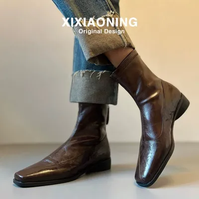 Women French Retro Slim Ankle Boots, Genuine Leather Back Zipper Stretch Boots, Elegant Slimming Block High Heel Short Boots