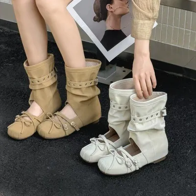 2026 Spring & Summer New Inner Heightening Ballet Sandal Boots, Belt Buckle Round Toe Bow Muted Tone Slouchy Boots