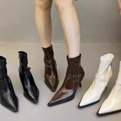 Women French Style Buckle High Heel Ankle Boots, 2026 Autumn New Pointed Toe Stiletto Soft Skin Slim Fit Boots