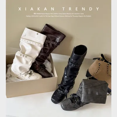 Women Detachable Two-Wear Square Toe Ballet Sandal Boots, 2026 Summer Pleated Slouch Martin Boots, 7cm Invisible Height Increasing Fashion Boots