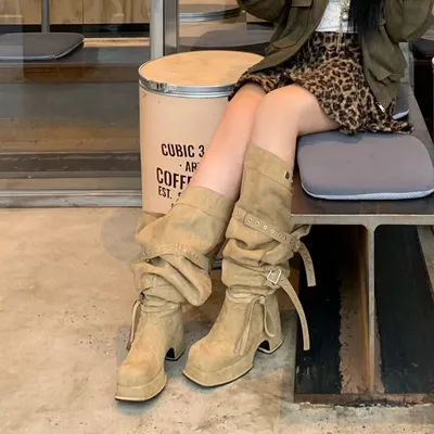 Large-calf-length Belt-buckle High-heeled Over-the-knee Boots