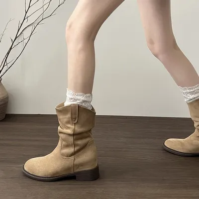 2025 New Women Block Heel Mid-Calf Slouch Boots, Maillard Western Style Martin Ankle Boots For Autumn