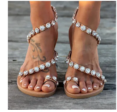 2021wish sizzling national wind foreign trade large size flat bottom rhinestone handmade female sandals toe casual flowers