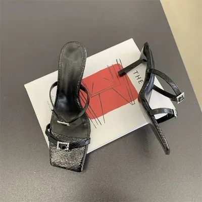 2025 Summer Women's Black Square Toe Thin Heel Open Toe Sandals Casual Versatile High Heels