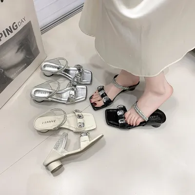2026 Early Spring Fairy-Inspired Crystal & Rhinestone Sandals For Women, Sheer One-Strap Mid Block Heel Design, Trendy Outdoor Fashion Shoes