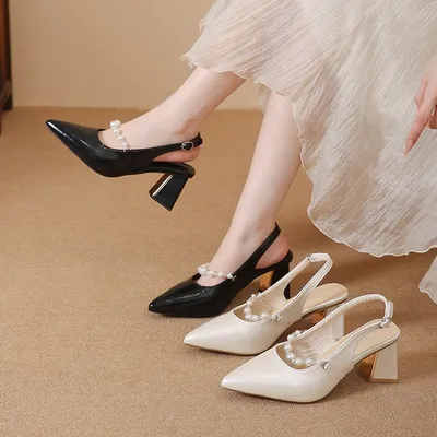 2026 Spring New Arrival Women's Pearl Pointed Toe Slingback Sandals, French Mary Jane Block Heels, One-Strap High Heel Sandals