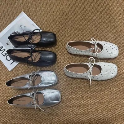 2026 New Arrival Mary Jane Women's Shoes, Niche Bow Square Toe Ruched Leather Shoes, Versatile Lace-up Flat Birkenstock Style Flats