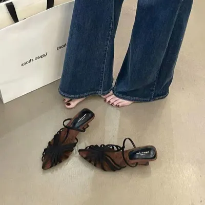 2026 New French Style Pointed Toe Thin Strap Woven Wedge Closed Toe Slippers Women Outdoor Wear Sandals