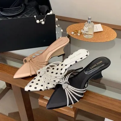 2026 Spring Summer New Open-toe Pointed Toe Wedge Heel Slippers, Twisted Rhinestone Thin Strap Fairy Style Elegant Sandals