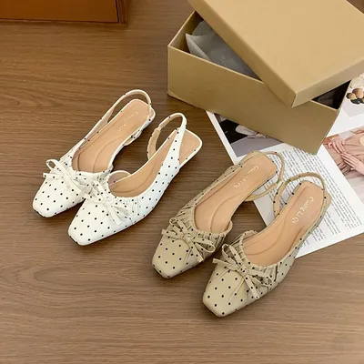 2026 New French Style Ruched Bow Back Closed Toe Wedge Sandals For Women, Soft Elegant Fairy Style Square Toe Sandals