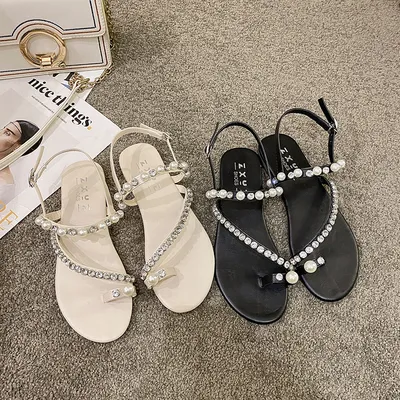 2026 Spring Summer New Rhinestone Pearl Toe Loop Roman Flat Sandals For Women, Plus Size Gentle Fairy Style Unique Ladies Shoes