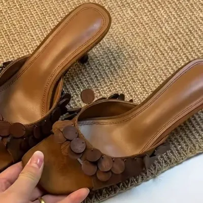 2026 New Women French Scale Texture Square Toe Stiletto Mules, Vintage One Strap Slide Sandals, Outdoor High Heel Slippers