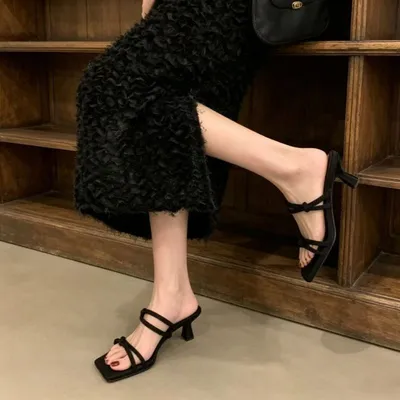 2026 New Women's Slide Sandals, Summer Outdoor Wear Black Elegant Square Toe Stiletto High Heels