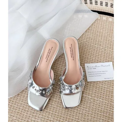 2026 New Women French Luxury One-Strap Slide Sandals, Elegant Lady Style Square Toe Open Toe High Heels With Floral Sequins