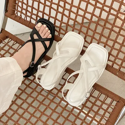 Women Minimalist Crisscross Strap Wedge Platform Sandals, Square Open Toe Adjustable Ankle Buckle Backless Slip On Lightweight Casual Daily Summer