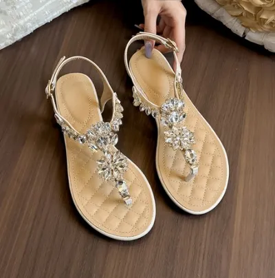 Women's Rhinestone Flat Thong Sandals, Boho One Strap Buckle Roman Sandals, Casual Vacation Dress Shoes