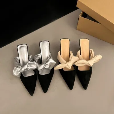 2026 New Spring Summer French Elegant Closed Toe Mules, Women Bow High Heel Slide Sandals For Outdoor Wear, Fairy Style Ladies Shoes