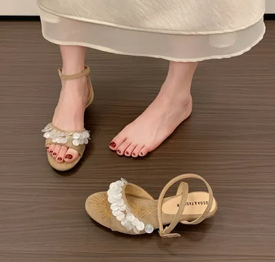 Summer New Women Italian Vintage Sequin Open Toe Sandals, Bohemian Elegant Commuter Block Mid Heel Sandals