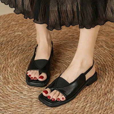 Thong-strap Roman-style Square-toe Womens Shoes, Casual Foreign-trade Solid-color Sandals