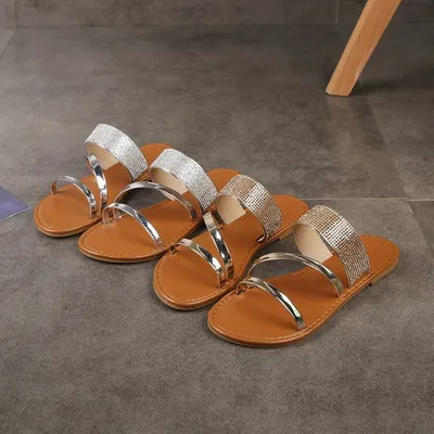  Fashion Sexy Summer New Style Roman Rhinestone Flat Outdoor Large Size Slippers