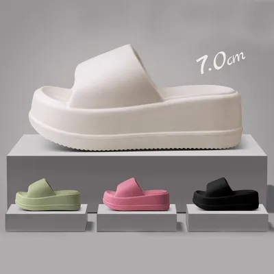 7cm High Heel Flat Slippers Summer Solid Color Non-slip Floor Home Shoes Outdoor Garden Slippers For Women