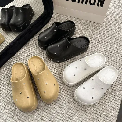 2026 New Spring Summer Women Closed Toe Half Slippers, Minimalist Design Metal Star Decor Platform Height Increasing Birken Style Comfort Outdoor Slides