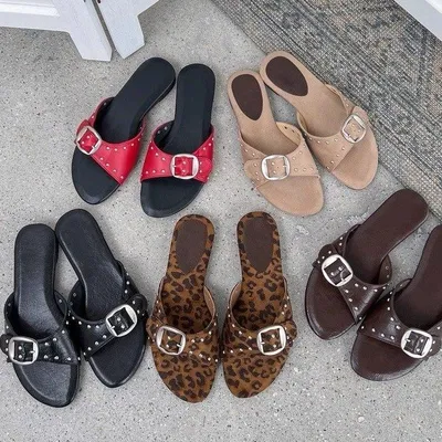 2026 Summer New French Style Buckle Slide Sandals Women Flat Leopard Print Beach Holiday Outdoor Slippers