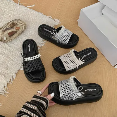 2026 Summer New Women's Platform Hollow Woven Slide Sandals, Outdoor Mesh Breathable Soft Non-Slip Slippers