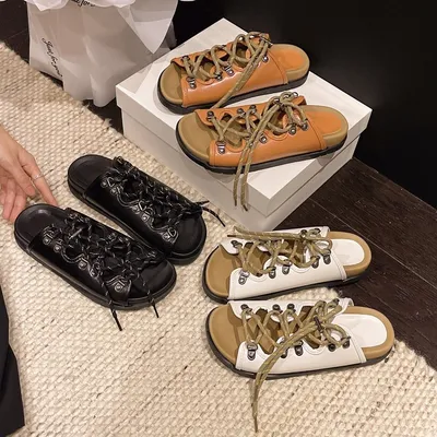 2026 Summer New Arrival Women's Retro Platform Lace-Up Slide Sandals, Niche Design Beach Shoes, Vacation Style Slip-On Slippers For Outdoor Wear