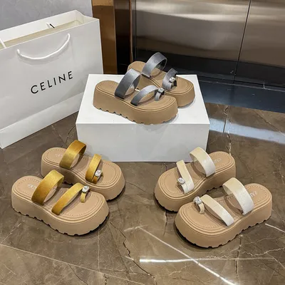 2026 Summer French Rhinestone Platform Slide Sandals, Toe Post Chunky Sole Fairy Style Casual Versatile Beach Slippers