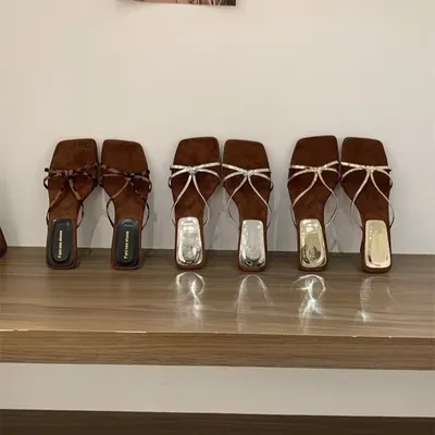 2026 French Style Wedge Heel Single Strap Slippers, Versatile Square Toe Open Toe Roman High Heel Sandals For Women, Perfect Match With Dresses
