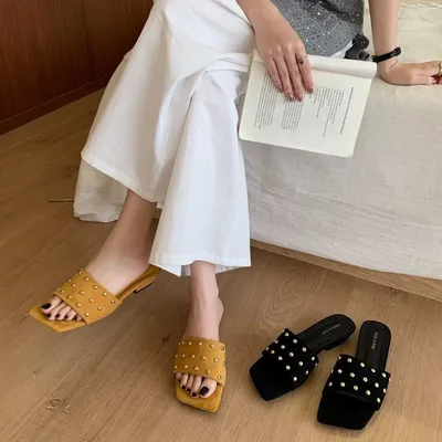 2026 French Style Square Toe Rivet Slippers, Summer Suede Block Heel Single Strap Outdoor Slippers For Women