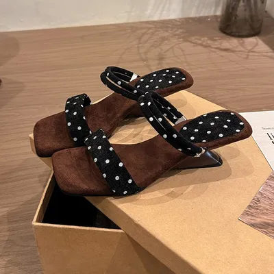 Spring Summer New French Polka Dot Women Wedge Slide Sandals, Fashion Square Toe Open Toe Elegant Mid Heel One Strap Slippers For Outdoor Wear