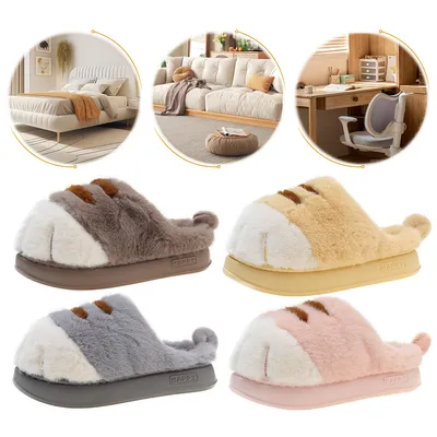 3D Cat Paw Plush Slippers Flat Thermal Winter Slippers Comfortable Fluffy Home Slippers Furry Paw Couple Slippers For Indoor Bedroom