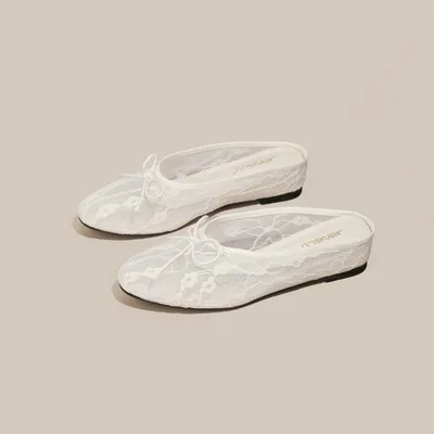 4cm Hidden-Heel Bow-Knot Lace Fishnet Breathable Hollowed-Out Closed-Toe Half Slippers