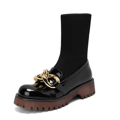  Autumn And Winter New Stitching Elastic Leather Mid-heel