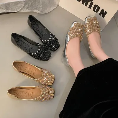 2026 Spring Summer Women's Full Rhinestone Flat Loafers, French Elegant Hidden Height Increase Slip-on Commuter Shoes