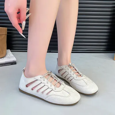 2026 New Women's French Hollow Breathable Hidden Platform Mary Janes, Round Toe Lace-Up Soft Flat Shallow Mouth Flats