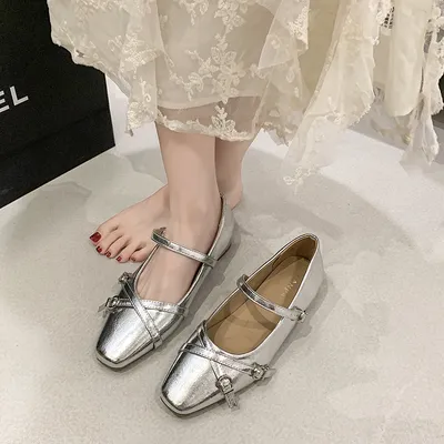 2026 Spring Summer New Women's French Square Toe Mary Jane Flats With Hidden Heel, Elegant Silver Single Shoes With Single Strap Buckle
