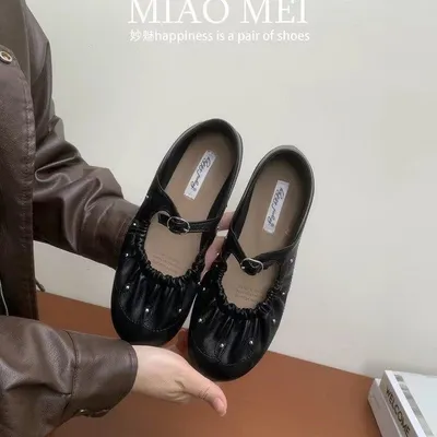 2026 New Women French Vintage Studded Round Toe Mary Janes, Shallow Mouth Soft Sole Flat Ballet Grandma Shoes