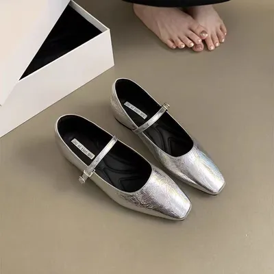 2026 New Arrival Women's Silver Block Heel Mary Janes, French Square Toe Shoes For Spring & Autumn