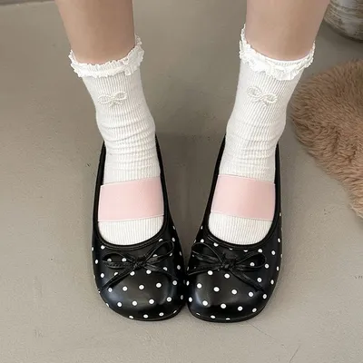 2026 Spring New Soft Sole Slip-on Ballet Flats, French Polka Dot Bow Flat Mary Jane Shoes For Women