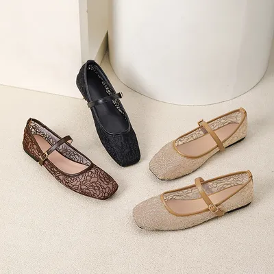 Embroidered Mesh Peep-toe Breathable Square-toe Low-cut Flats