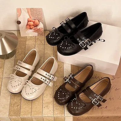 Women Y2K Punk Rivet Front Bow Double Strap Mary Jane Flats, Round Split Toe Soft Wrinkled Leather Two Buckle Casual Student Uniform