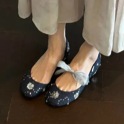 Women Sweet Fairy Sequin Rhinestone Floral Denim Mary Jane Flats, Round Toe Sheer Tulle Front Ribbon Soft Denim Slip On Minimalist Casual Spring Ballerina Loafer Slippers