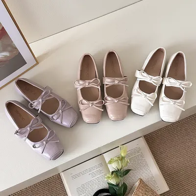 Women Kawaii Double Front Bow Two Ribbon Strap Mary Jane Flats, Square Toe Soft Matte Leather Slip On Gentle Casual Spring Student Doll Ballerina Loafer Shoes