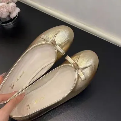 Women Luxury Elegant Metallic Gold Mini Front Bow Ballet Flats, Round Toe Shiny Soft Leather Slip On Minimalist Banquet Party Date Night Casual Ballerina Loafer Slippers Metallic