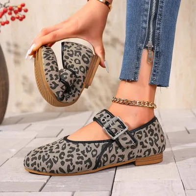 Leopard-print Belt Buckle Round-toe Sling-back Flats
