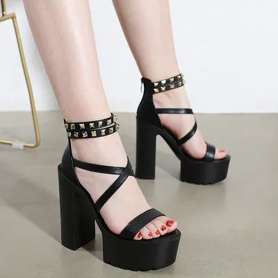 14CM Thick Heel Platform Cross Rivet Sandals