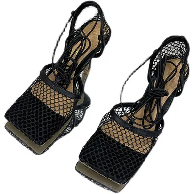  New Spring European And American Fashion Sandals Mesh Breathable Square Toe Cross Straps Ladies Stiletto Heels 979-8